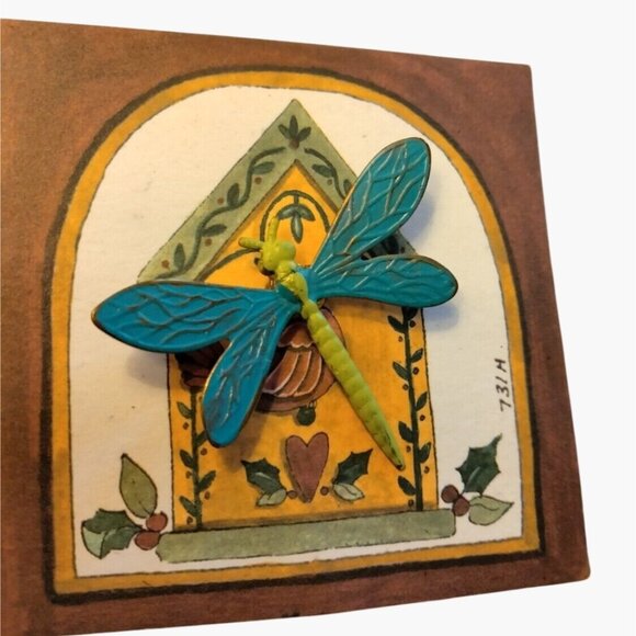 Dragonfly Enamel Lapel Pin Brooch Pinback Green Body Blue Wings Signed 731 M - Picture 1 of 4